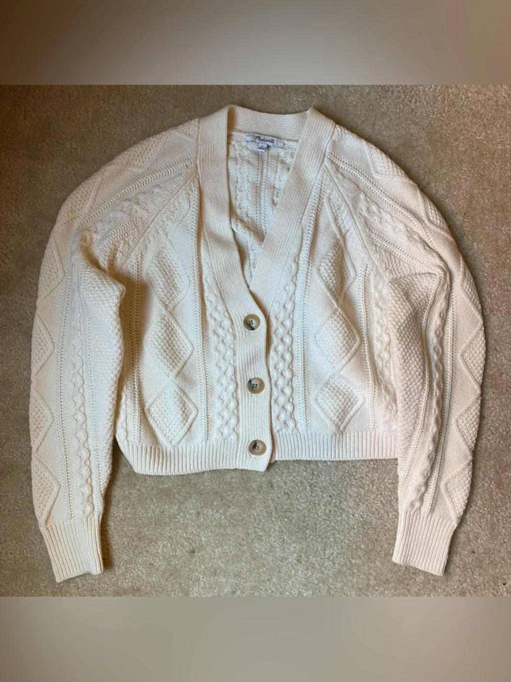 Madewell Cable Knit V-Neck Crop Cottagecore Cardigan Sweater in Cream Size Small